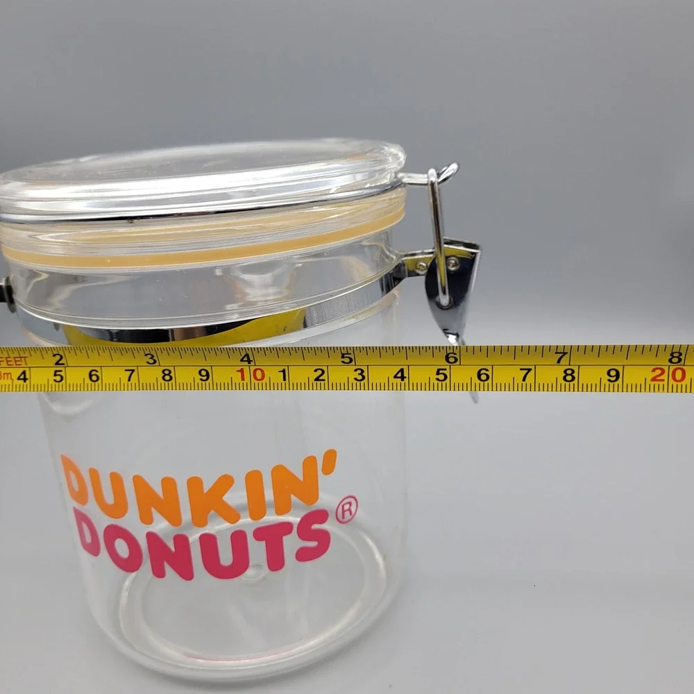Vintage Dunkin Donuts Clear‎ Coffee Canister w Scoop, Holder, Locking Lid